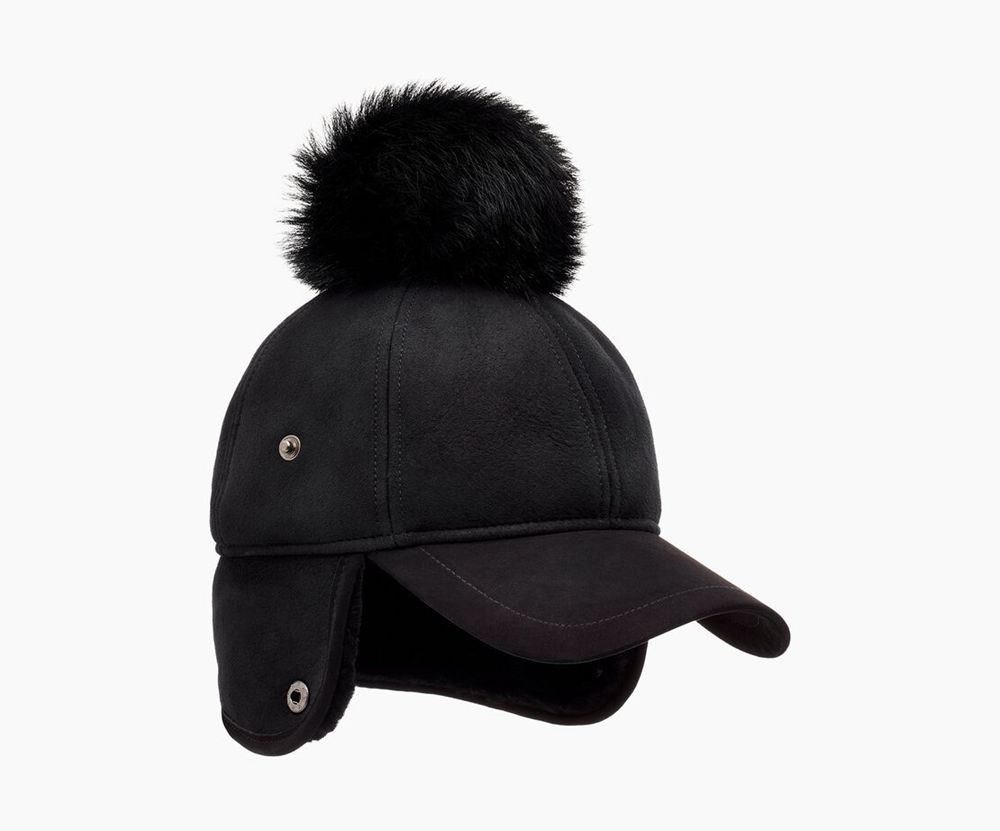 Ugg Leather Sheepskin Trapper Cap - Womens Hats - Black - NZ (4720UCYNS)